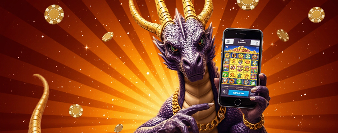 A purple dragon holding a phone with the Valor Casino game on it