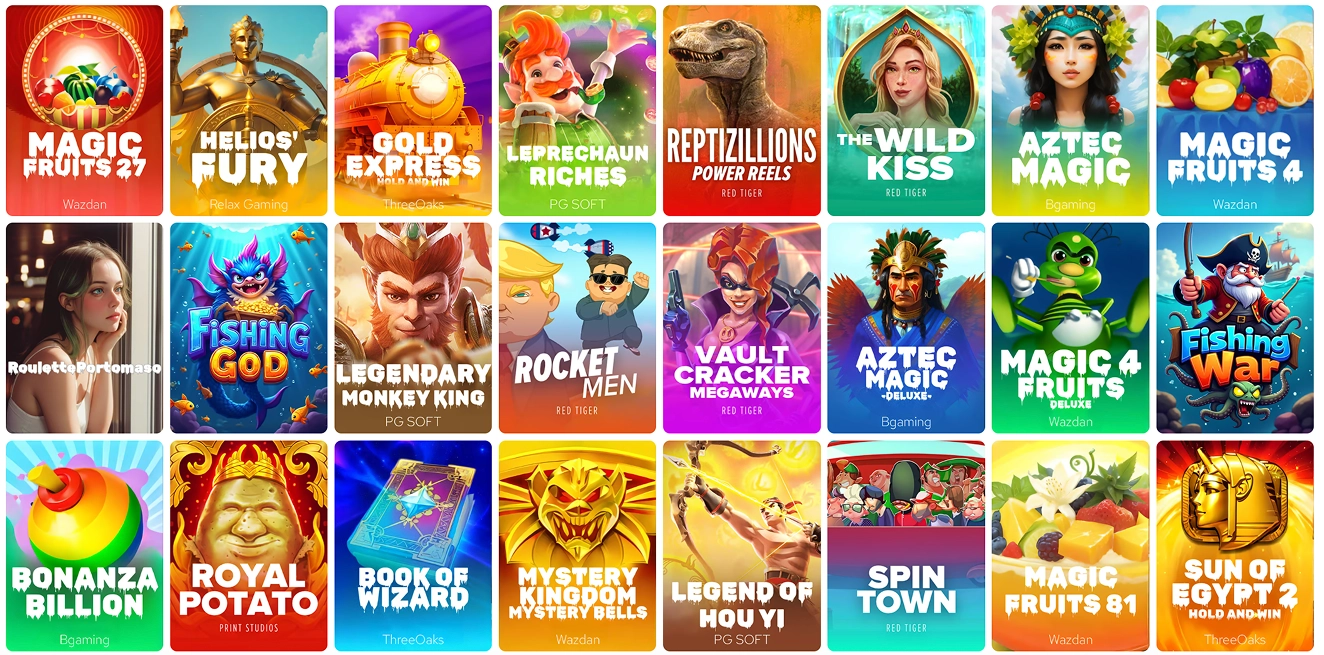 A colorful grid of Valor Casino slots featuring games like Helios' Fury and Gold Express