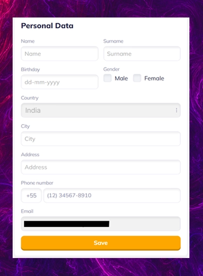 A user verification form for Valor Casino personal data and address